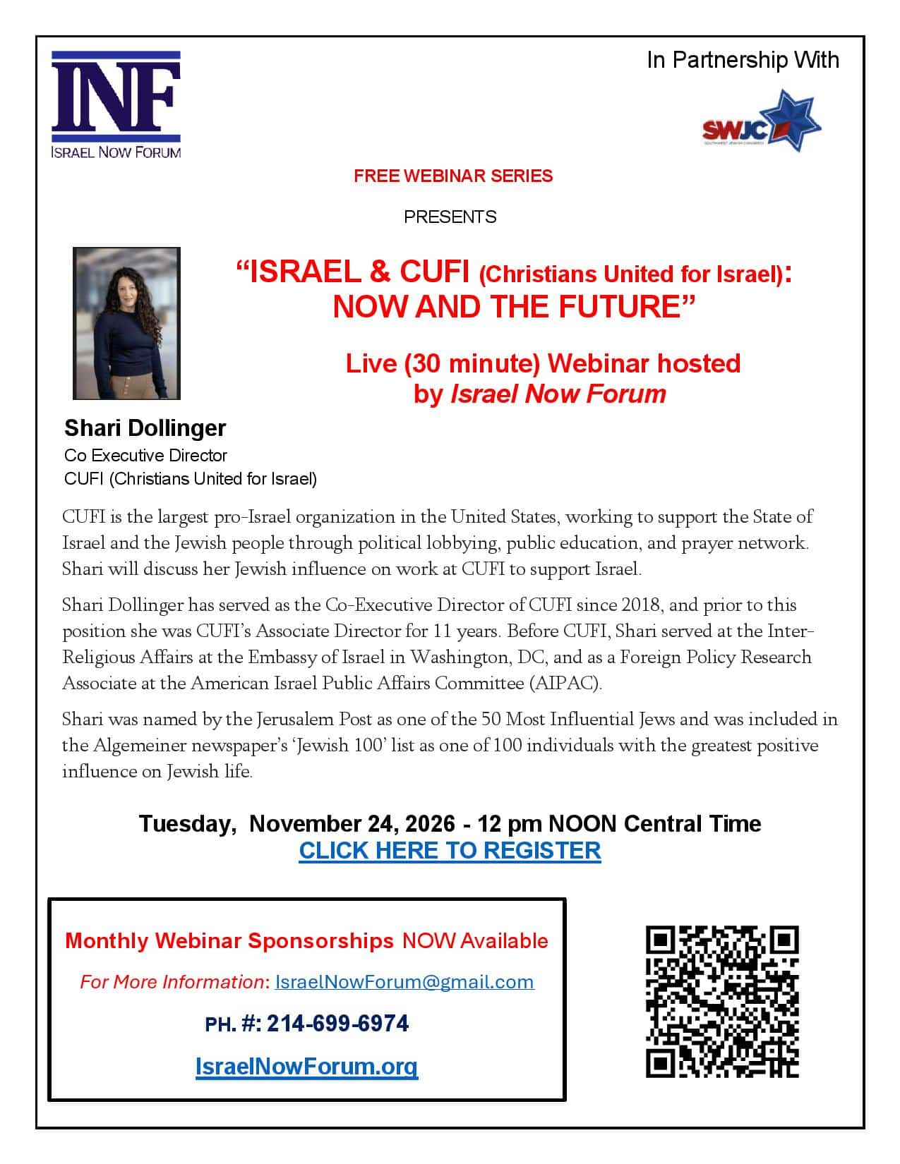 Israel Now Forum presents Shari Dollinger – Israel & CHFU (Christians United for Israel): Now and the Future